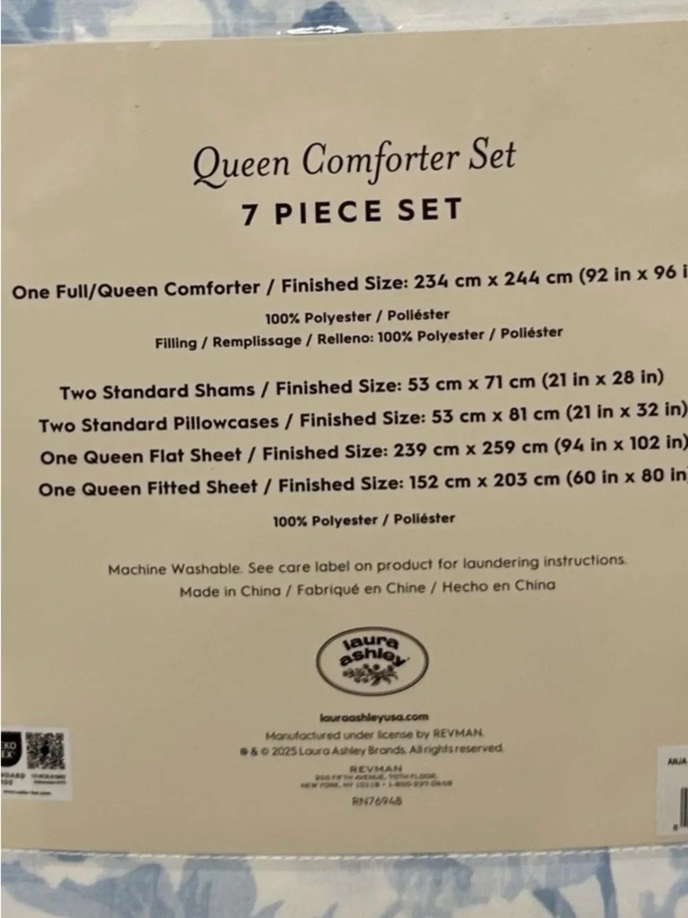 Laura Ashley Floral Blue and White 7 Piece Queen Comforter Set